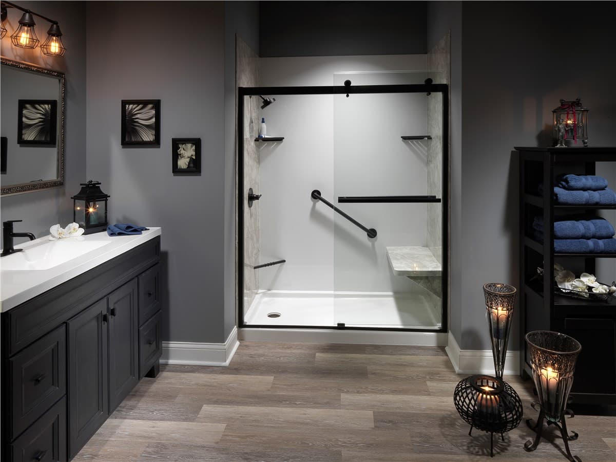 Compact Seattle bathroom with floating vanity and frameless shower