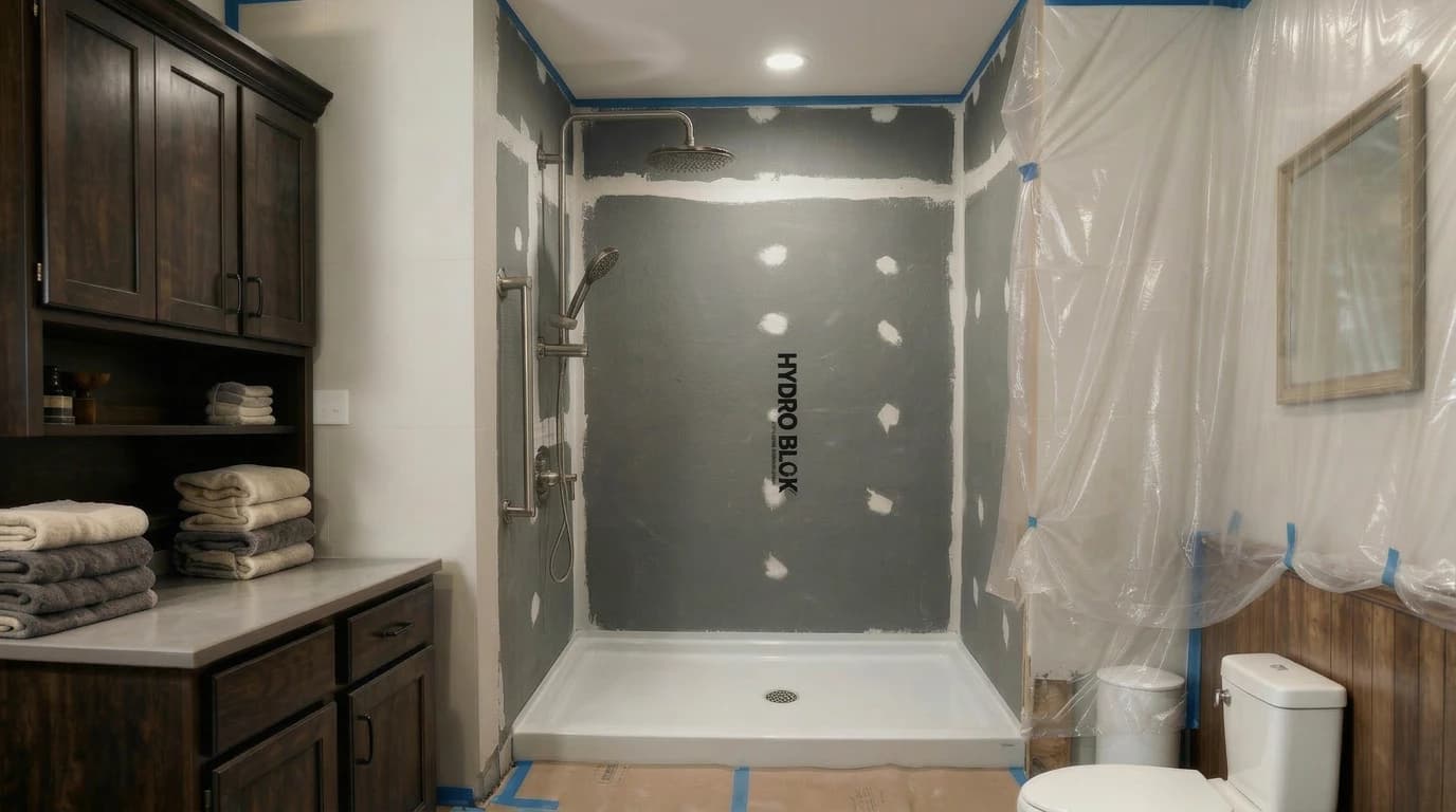 Waterproofing behind a Seattle shower wall during a bathroom remodel