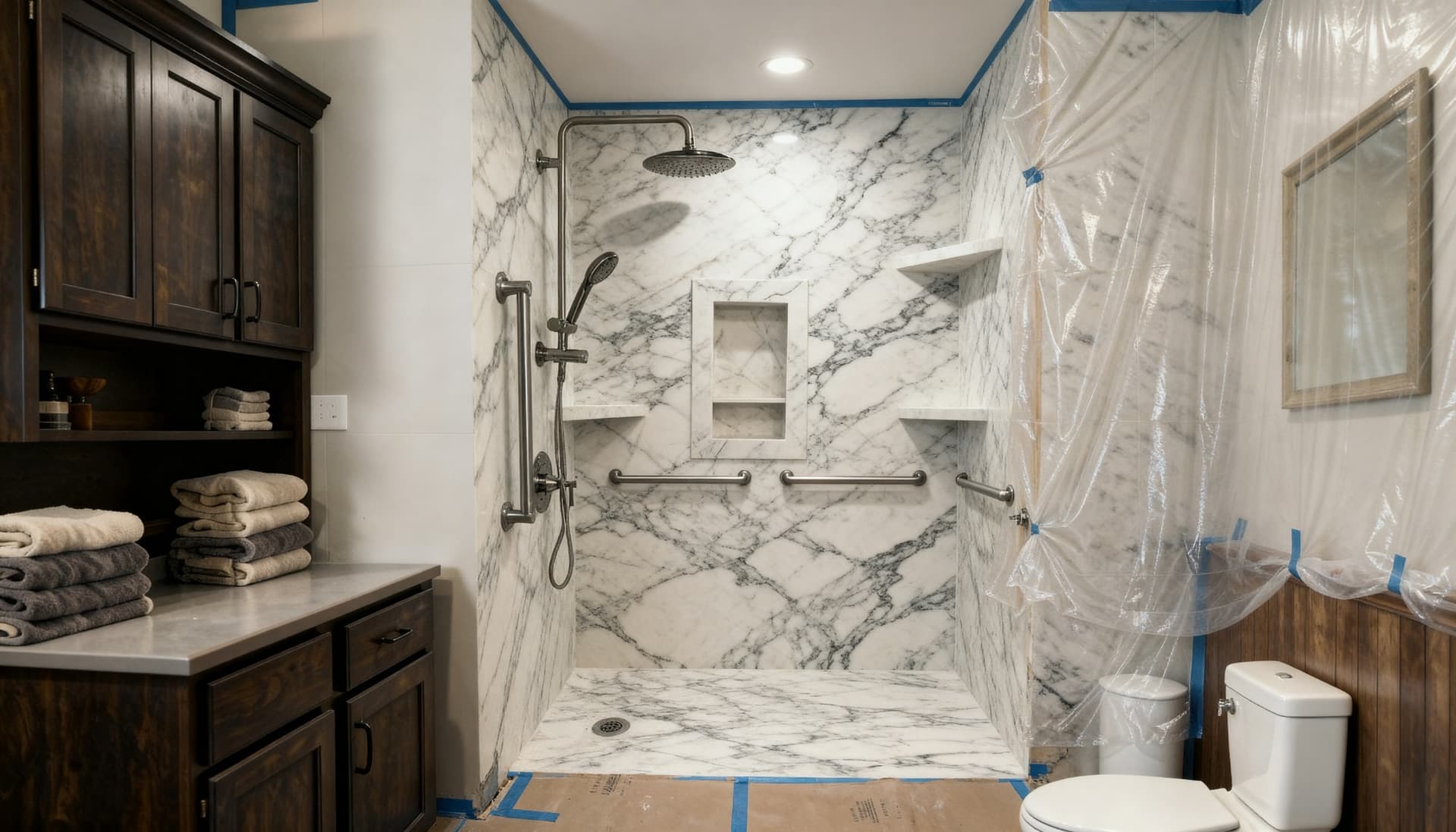 Walk-in shower installation before glass enclosure in a Seattle bathroom